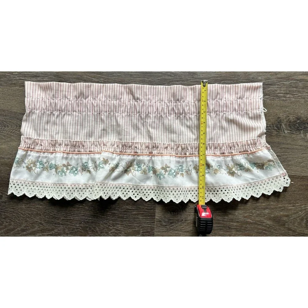 VTG 2 VALANCES Ruffled Stripes W Vines Flowers & Lace Trim Cottage Core 48 X 12